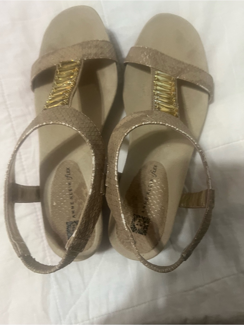 Anne Klein Taupe Metallic T-Strap Sandals with Gold Accent